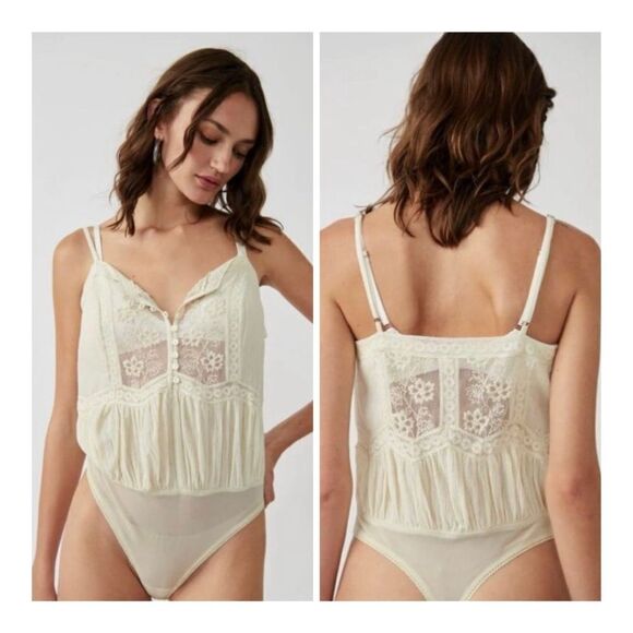 Free People Still the One Lace Trim Cotton Bodysuit Size S NWT - Picture 1 of 12